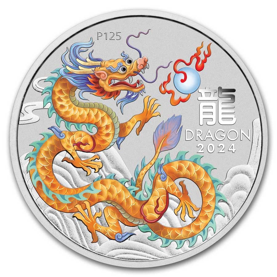 2024 1/2oz Australia Lunar Series III - Year of the Dragon- Golden Dragon .9999 Silver Coloured BU Coin ( in Capsule)