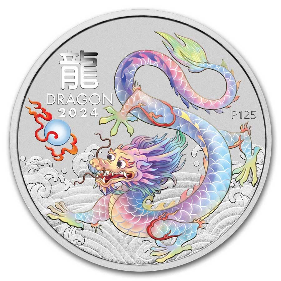 2024 1/2oz Australia Lunar Series III - Year of the Dragon- White Dragon .9999 Silver Coloured BU Coin ( in Capsule)